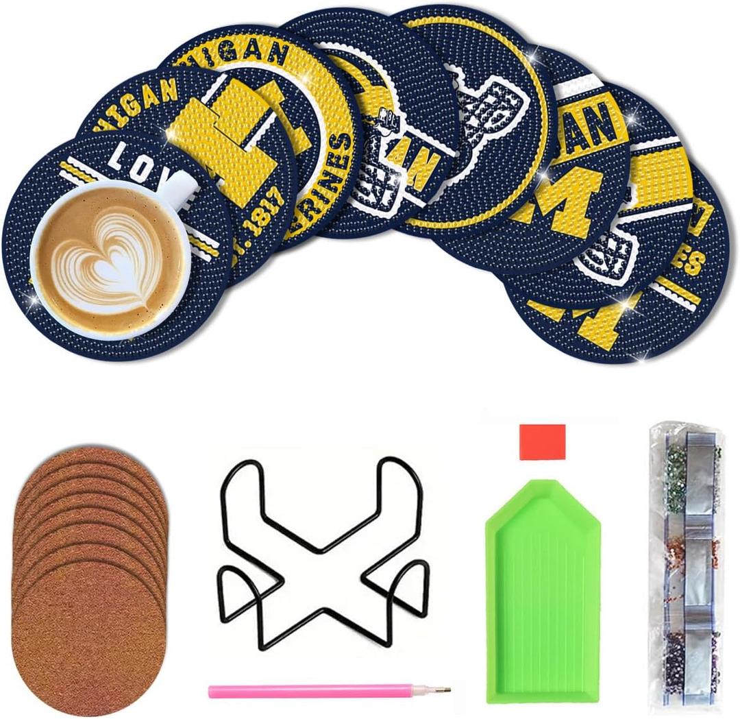 Bartogro 8 Pcs College Football Diamond Art Coasters Kits with Holder, Diamond Painting Coaster Kits DIY Crafts for Adults Diamond Art Painting Kits Supplies for Michigan Gift