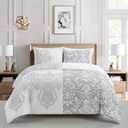 Sunshine Nicole Reversible Comforter Set, Brushed Microfiber Fabric with Embroidery for Front and Printed Microfiber Fabric for Reverse, 3 Pieces Grey White Queen