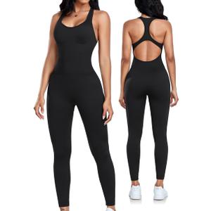 OLCHEE Womens Workout Jumpsuits Seamless Yoga Gym Bodycon Rompers Sexy Racerback Tummy Control Padded Bra Unitard (Black, S)