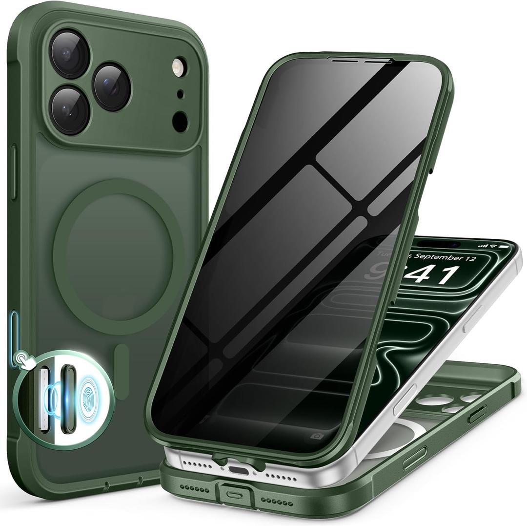 BERFY for iPhone 17 Pro Case, Compatible with MagSafe, Built-in Privacy Screen Protector and Camera Protection, Anti-Spy Full Body Shockproof Translucent Matte Phone Case for 17 Pro 6.3", Deep Green