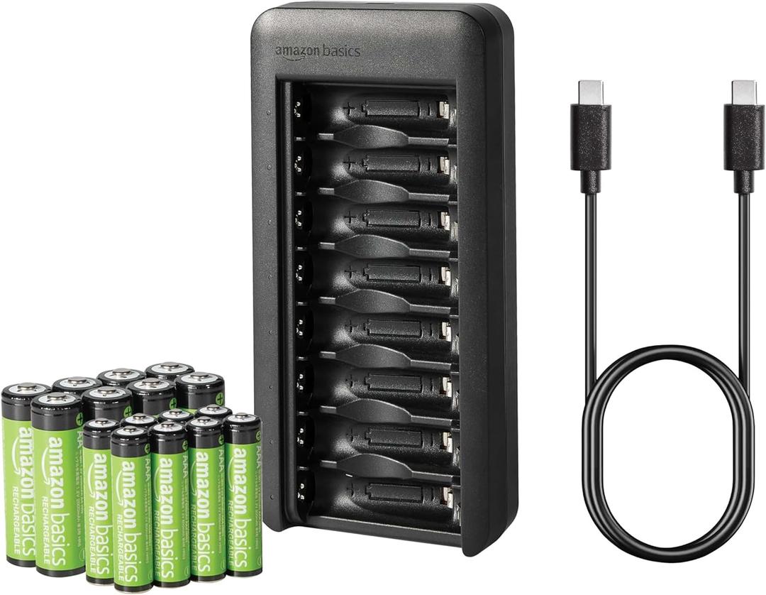 Amazon Basics Rechargeable Low Self Discharge NiMh Battery with 8-Bay Charger, 8 AAA 800mAh + 8 AA 2000mAh, USB C Port, No AC Power Adapter, Black