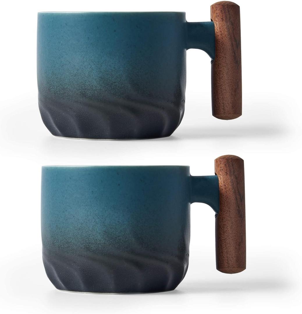 Ceramic Espresso Cups with Wooden Handle Espresso Shot Cups Ceramic Tea Cups Porcelain Demitasse Cups for Coffee or Tea, 2 Oz (Blue, 2) (3 Ounces)