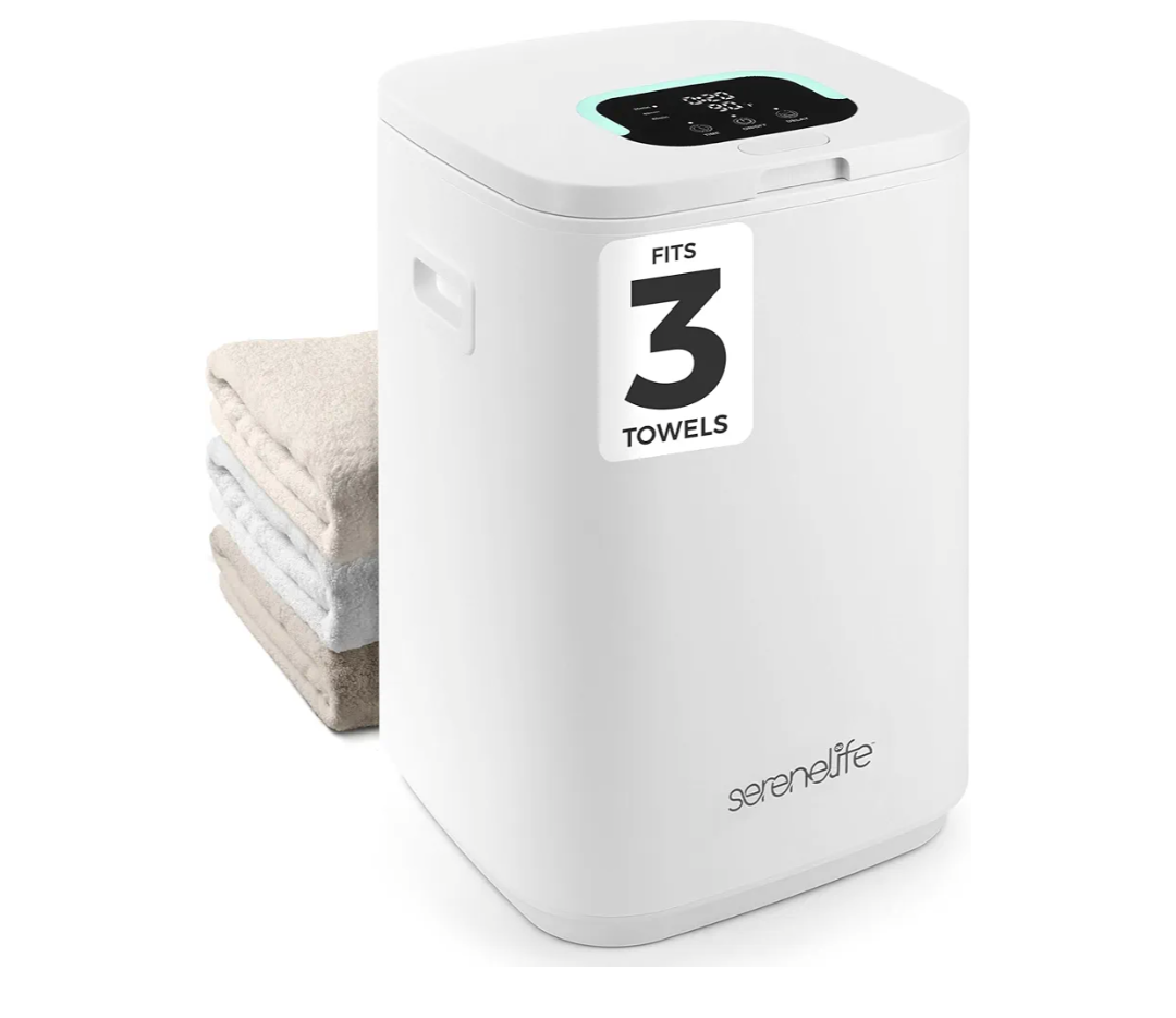 SereneLife Towel Warmer Bucket - Compact 23L Bathroom Towel Heater with Essential Oils Disc Holder, Adjustable Timer, Auto Shut-Off, Power Cord Storage & LED Display, Fits 2 Oversized Towels (White)
