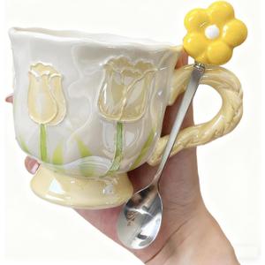 Large Ceramic Coffee Mug Yellow Cute Flower,with and Spoon,Flower Mugs with Handle,Floral Girly Mugs,Breakfast Milk Oatmeal Cup,Girl Gift,14oz/410ml (Yellow)