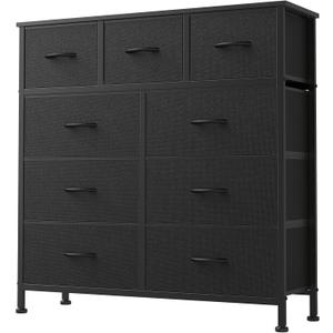 DUMOS 9 Drawer Dresser for Bedroom, Fabric Storage Organizer with Sturdy Metal Frame, Wooden Top Chest of Drawers for Closet Entryway Guest Room,Matte Black, 11.8"D x 39.4"W x 39.4"H