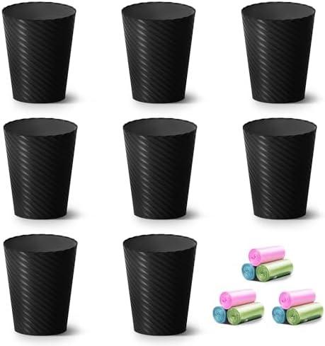 Bathroom Trash Can, 8 Pack 1.8 Gallons Small Trash Can with Trash Bags, Bathroom Garbage Can, Plastic Trash Bin, Round Waste Basket for Living Room, Bedroom, Office, Kitchen, Compact Space (Black)