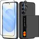 SAMONPOW for Samsung Galaxy S25 Plus Case with Screen Protector + Camera Cover [4-in-1] Galaxy S25 Plus Case Wallet Card Holder Shockproof Phone Case for Samsung Galaxy S25 Plus, Black