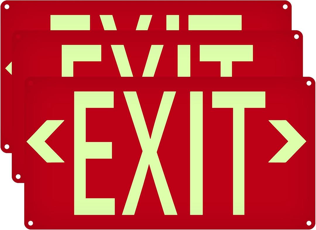 (3 Pack) Photoluminescent Exit Sign Red - with Removable Directional Arrows, With strong self adhesive tape, 14.25 x 7.5 Inches Heavy Duty Aluminum Signs, Fade Resistant