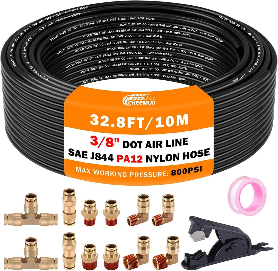 CheeMuii 3/8 Brass DOT Air Fittings With 32.8FT 3/8" DOT Air Line Kit Quick Connect DOT Air Line Fittings and PA12 Pneumatic Tubing for Semi Truck Trailer or Industrial Air System