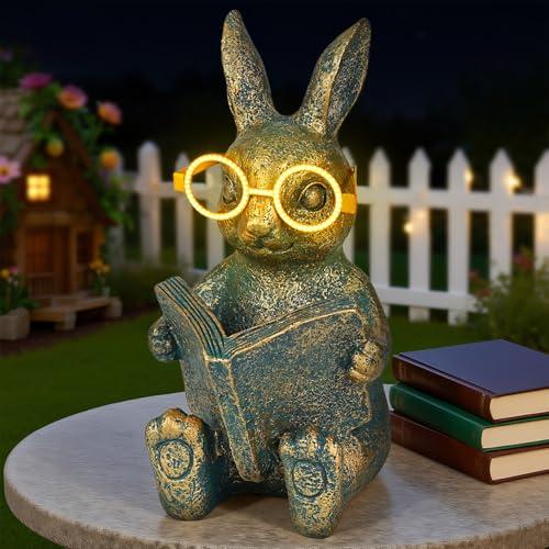 zuzuzen Solar Garden Decor, Adorable Rabbit Statue with Solar-Powered Glasses, Outdoor Bunny Figurine Lights for Patio, Yard & Balcony, for Kids, Mom & Grandma