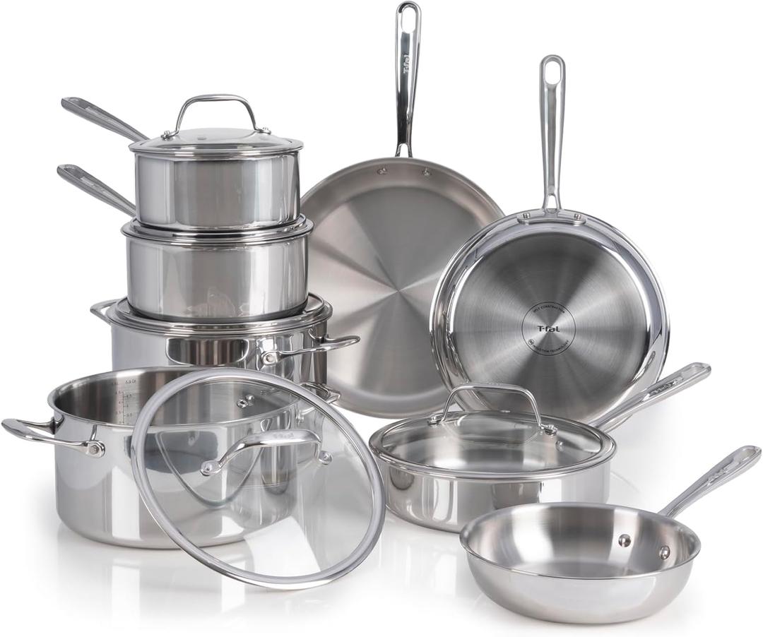 T-fal Pro Tri-Ply Stainless Steel Cookware Set 13 Piece Induction Compatible, Oven Safe 500F, Lids 350F, Fast & Even Heat, Pots and Pans Set, Professional Quality, Kitchen Essentials, Silver