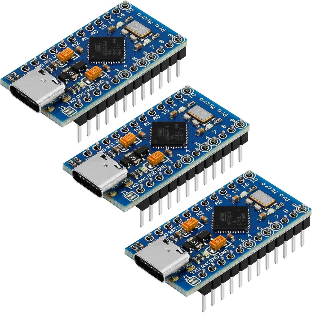 3 Pack Pro Micro Board Module Atmega32U4 5V 16MHz USB Programming Development Board Micro-Controller Compatible with Arduino IDE (with Pin Header)