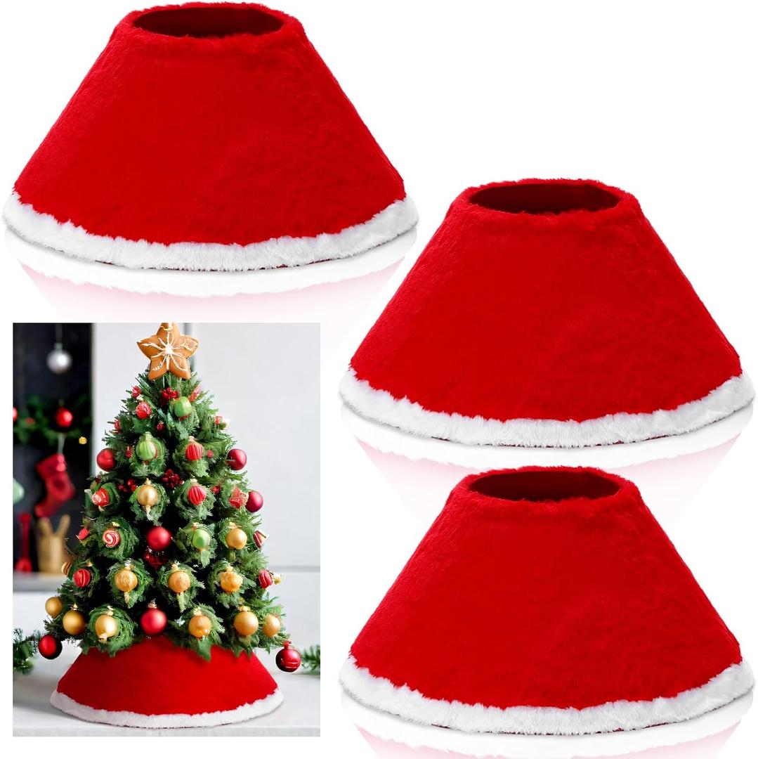 Teenyyou 3 Pcs Mini Christmas Tree Collar for 2-4 ft Mini Tree 17 Inch Diameter Base Small Red Velvet Plush Ring Skirt with White Faux Fur Stand Cover for Xmas Pencil Slim Trees Tabletop Home Decor