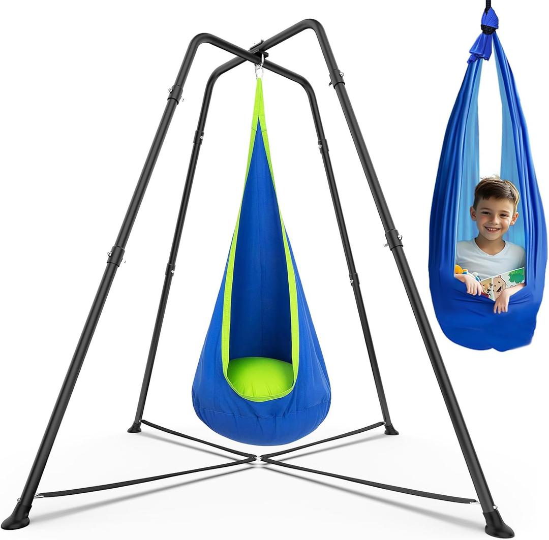 Swing Stand Frame with Sensory Pod Swings and Chair, Sensory Swing Set, X-Shaped Swing Frame, Heavy-Duty Metal Hammock Chair Stand for Adults Indoor and Outdoor 330 lbs (Blue)