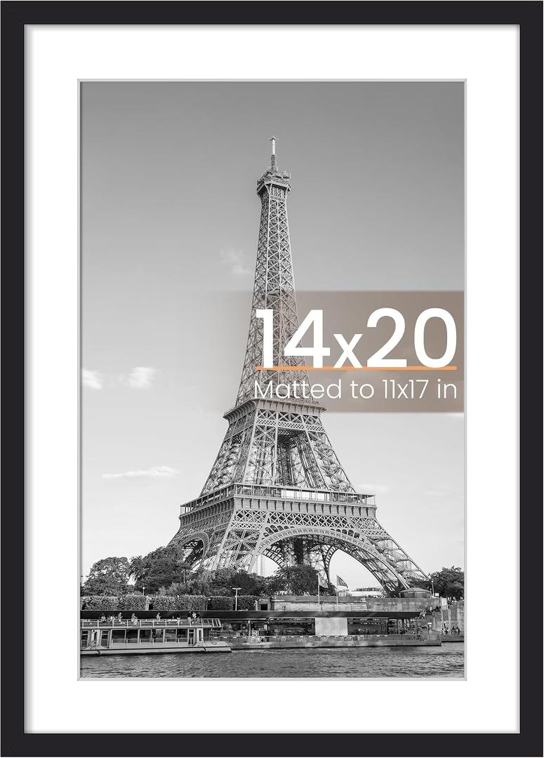 Upsimples 14x20 Picture Frame, Display Pictures 11x17 with Mat or 14 x 20 Without, Wall Hanging Poster Frames, Black, 1 Pack