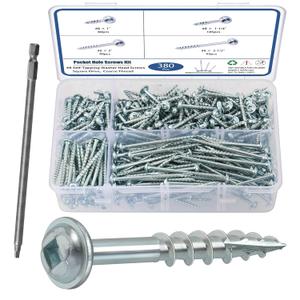 Pocket Hole Screws Assortment Kit, 380Pcs in 4 Sizes #8 x 1, 1-1/4", 2", 2-1/2", Coarse Thread Wood Screws with Square Drive, Zinc Plated Pocket Screws, Self Tapping, Drive Bit Included
