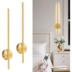 NIORSUN 27.6 Inch Battery Operated Wall Sconce Set of 2, Gold Minimalism Rechargeable Wall Lights with Remote, 3CCT Dimmable Wireless Wall Lamp for Living Room Bedroom Hallway
