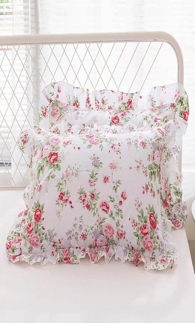 Rose Floral Square Pillow Shams with Ruffles Euro Shams Pillow Covers 18x18 inches 2-Pack, Vintage Cotton Farmhouse French Country Pillowcases Zipper Clousure(Shabby Rose, 18x18)