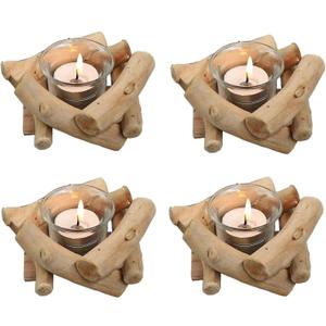 Sziqiqi Handmade Wooden Tea Light Candle Holder with Glass Cup Rustic Country Coastal Style for Farmhouse Home Decoration Home Altar Decoration Holoday Wedding Decoration Pack of 4
