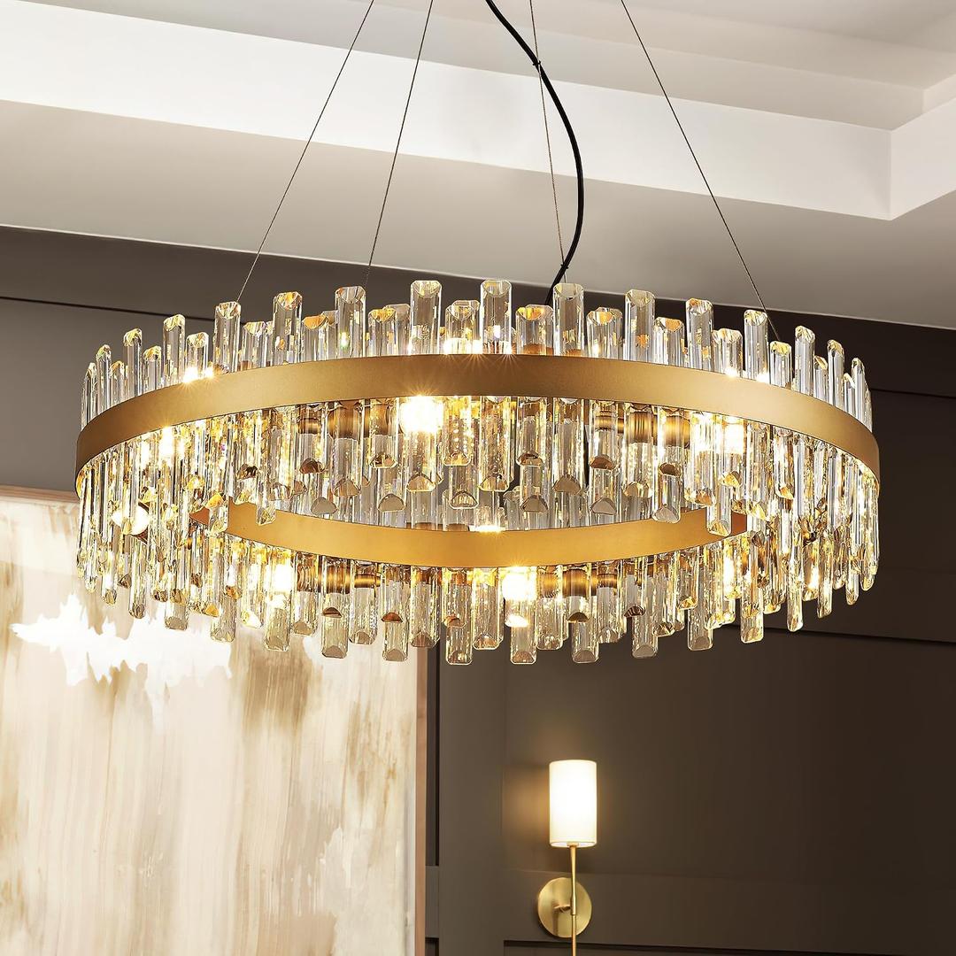 31.9" Gold Modern Crystal Chandelier Light Fixtures Luxury 2 Rings Crystal Chandeliers for Dining Room 16-Light Round Hanging Pendant Lighting for Living Room Kitchen Island Entryway Bedroom, Diameter 31.9", 16-Light