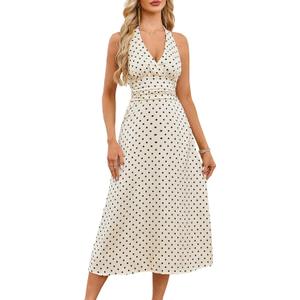 Womens Polka Dot Satin Halter Neck Dress V Neck A Line Flattering Figure Date Night Out Dress (Medium)