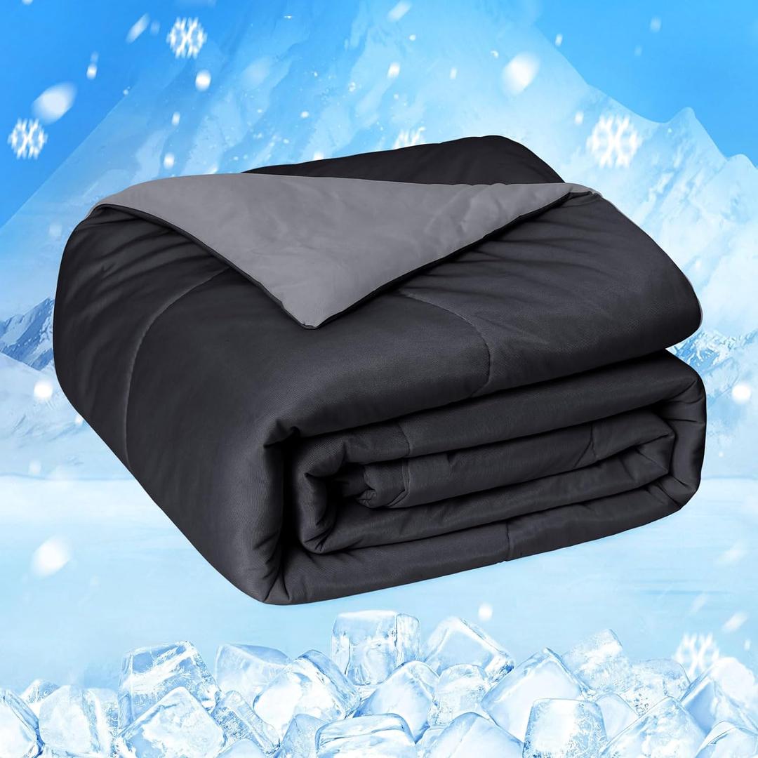 HOMFINE Cooling Comforter Japanese Double-Sided Cold Tech Fabric Cooling Blanket for Night Sweats Hot Sleepers, Q-Max 0.45 Soft Breathable Silky Smooth Lightweight Black Summer Comforter Twin