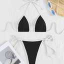 Tainehs Women's Sexy Halter Thong Bikini Tie Two Sides Bottom Triangle Bikini Swimsuits (Black, L)