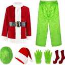 Lizxun Adults Green Monster Christmas Santa Costume Set,7pcs Deluxe Furry Fancy Monster Halloween Xmas Cosplay Outfits (XXL/XXXL)