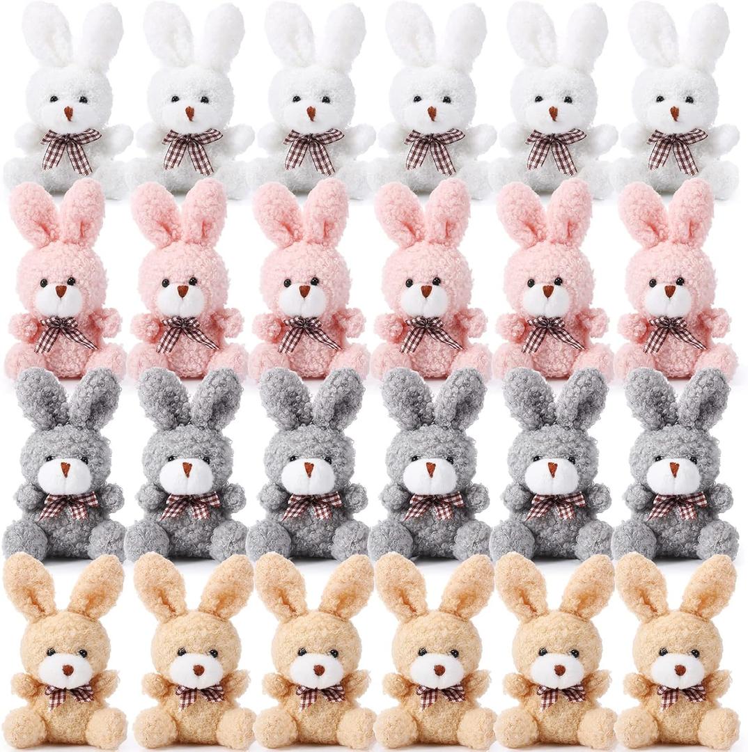 Sotiff 24 Pcs Easter Plush Bunny Stuffed Animal Gift Bulk 4.7 Inch Mini Bunnies Keychain Doll Furry Rabbit with Bow Tie for Birthday Baby Shower Party Favor Gifts Classroom Rewards(Classic Color)