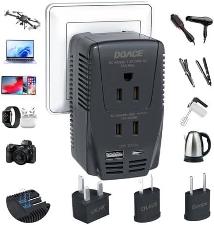 Upgraded 2000W Voltage Converter US to Europe, 220V to 110V Converter for European Travel for Hair Dryer Straightener, 2300W Travel Power Adapter with PD Charger for Laptop Tablet Camera Cell Phone