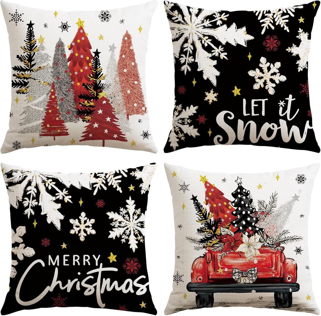 Artscope Christmas Throw Pillow Covers 18x18 Inch Set of 4, Let It Snow Snowflakes Truck Winter Christmas Decoration Pillow Cases for Home Sofa Couch Decor-Black