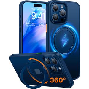 TORRAS 360Rotatable Magnetic Ring for iPhone 15 Pro Max Case, Compatible with MagSafe with Stand & Ring Holder, Military Grade Shockproof Translucent Back Phone Case Ostand R, Blue Titanium