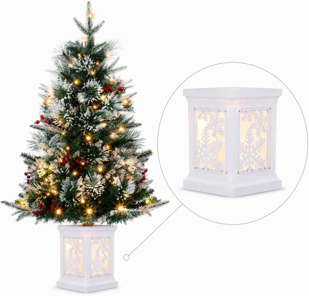 3Ft Pre-Lit Holiday Christmas Tree with Snowflake Base, Artificial Christmas Tree with Timer Function and 78 Led Lights, Snowflake and Red Berry Decorations, Holiday Ready, Easy Indoor Installation
