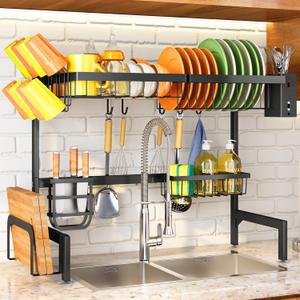 Over The Sink Dish Drainer Drying Rack - Expandable (26.8" to 34.6" W) Large Metal Dish Rack for Kitchen Counter, Kitchen Organizer with Adjustable Basket, Utensil Holder and Sponge Holder (Black)
