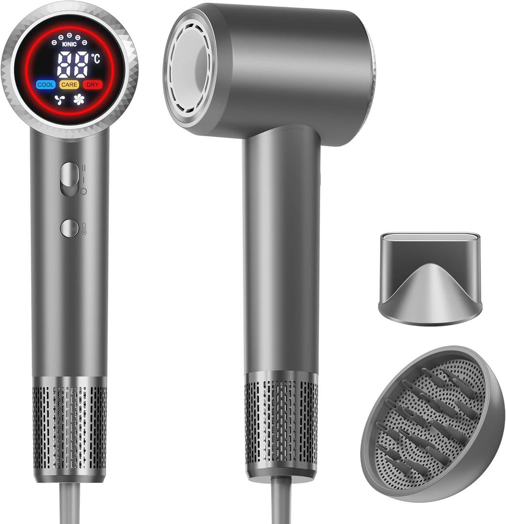 High-Speed Ionic Hair Dryer with Diffuser, 150,000 RPM Brushless Motor Blow Dryer for Fast Drying & 500M Negative Ionic Frizz Control, Low Noise Compact Hair Dryer for Women Home Travel Salon (Silver)