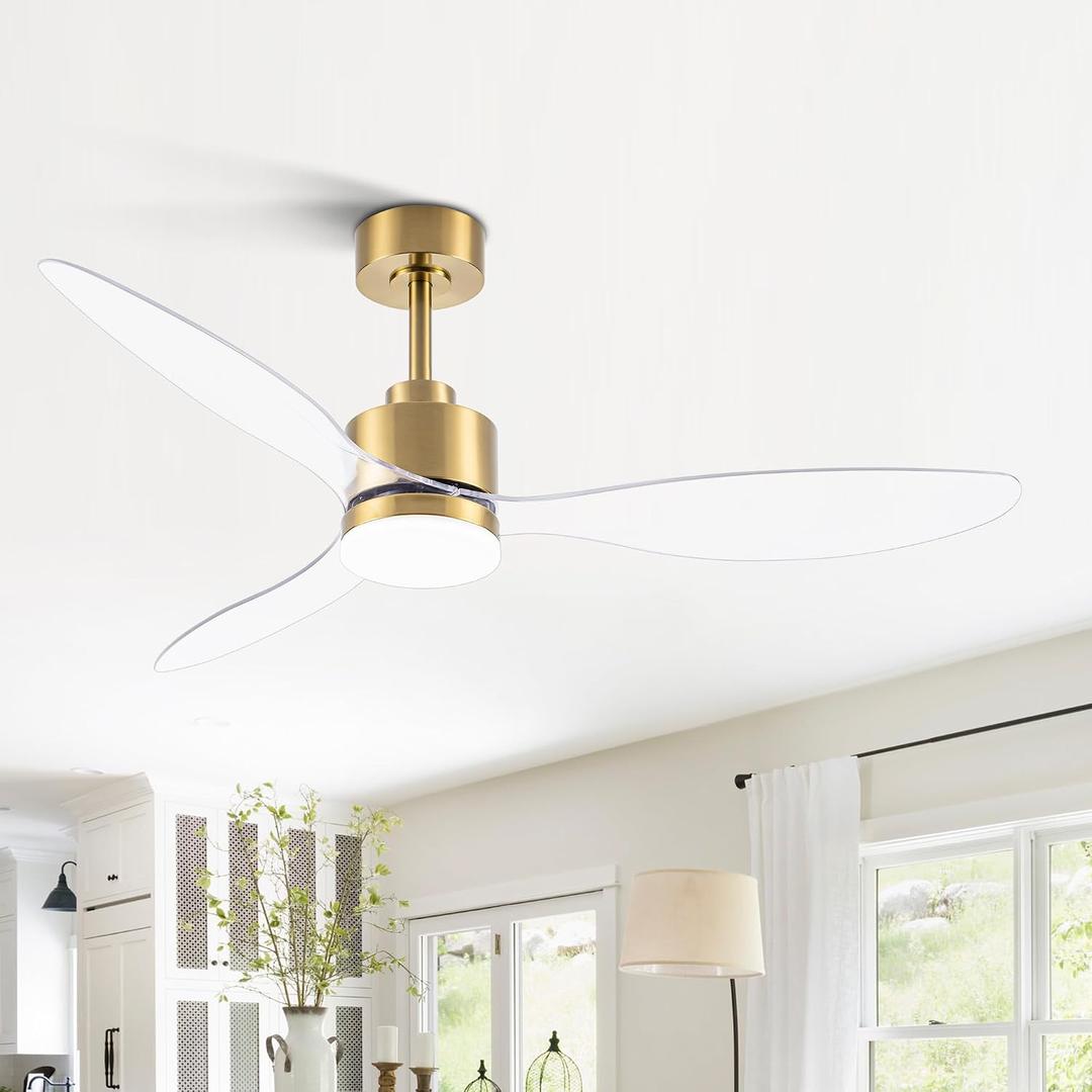 52 Inch Ceiling Fans with LED Light Remote Control, Modern Ceiling Fan with Reversible DC Motor, 3 Blades and 3 Color Temperature, LED Light Chandelier for Bedroom (Gold & 3 Transparent Blades)