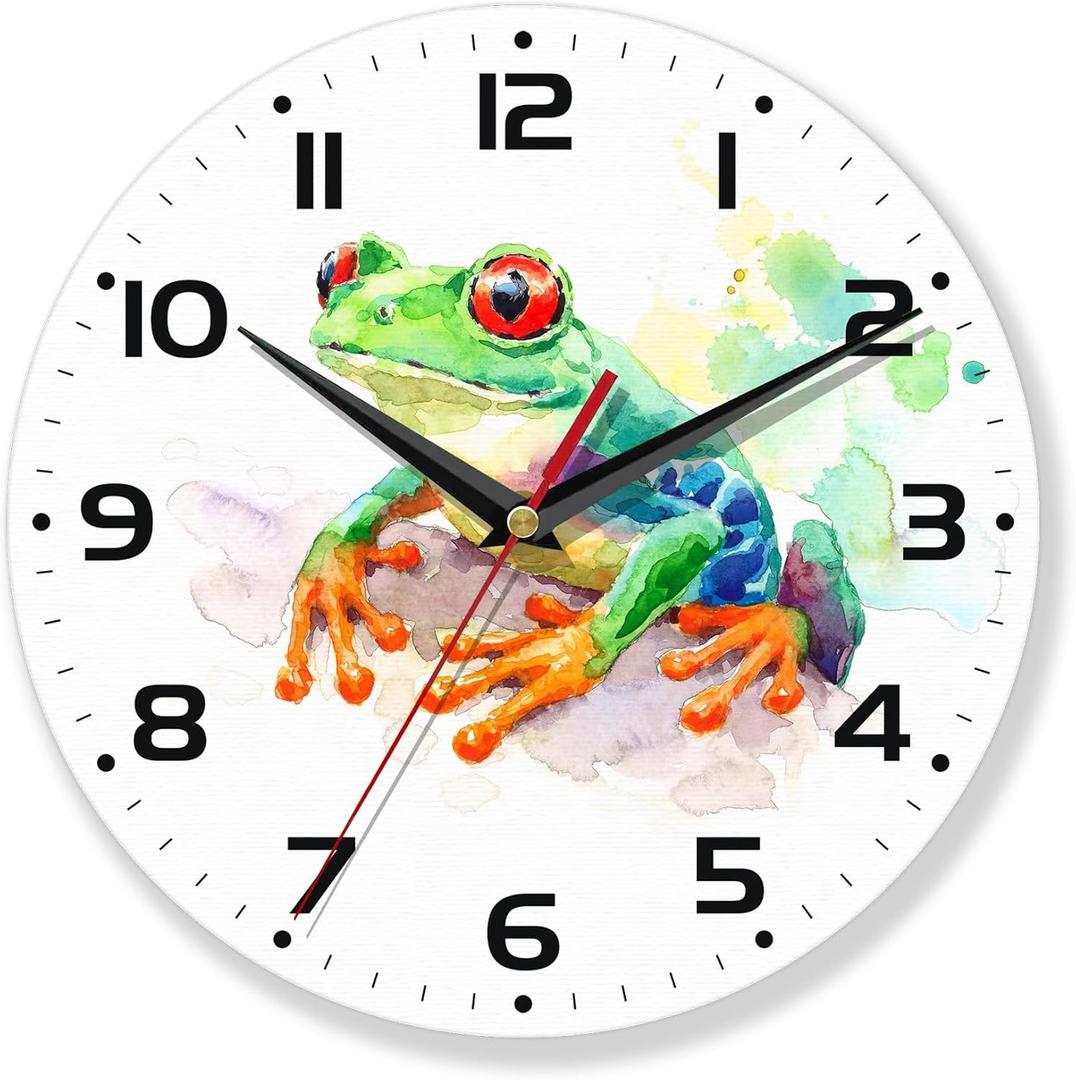 Wall Clock,Frog Wall Clocks Decorative,Green Frog Watercolor Kitchen Wall Clock Battery Operated-10 Inch Round Bathroom Wall Clocks Silent Non-Ticking