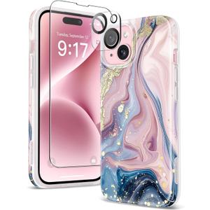 GVIEWIN Marble for iPhone 15 Case, with Screen Protector & Camera Lens Protector, [10FT Military Grade Drop Protection] Slim TPU Phone Case Cover Women for iPhone 15 6.1" 2023 (Flowing River/Pink)