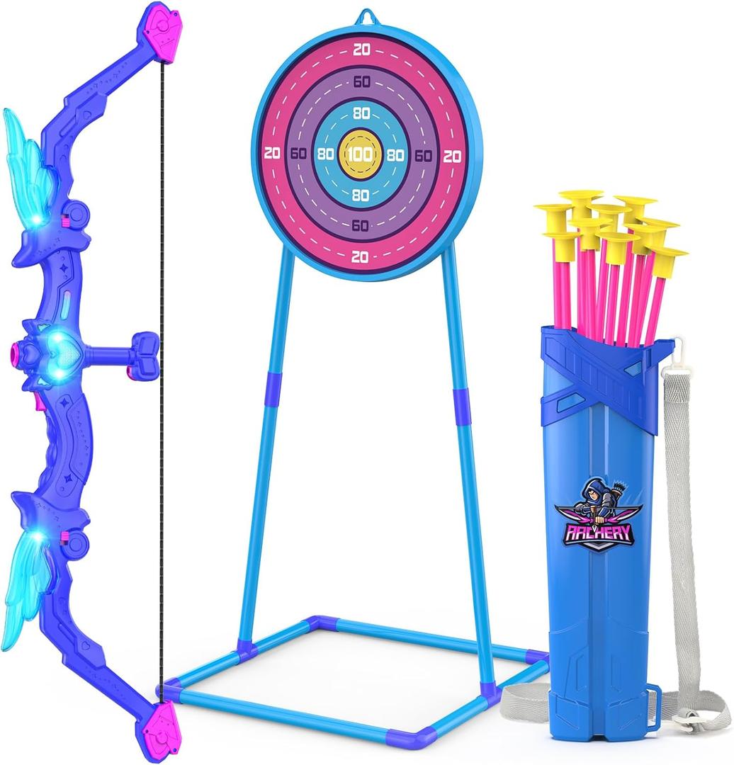 Kids Bow and Arrow Toy, Angel Light Up Archery Set W/ 10 Suction Cup Arrows, Targets & Quiver, Outdoor/Indoor Games for Kids Ages 4-7 8-12, Birthday Gifts for 4 5 6 7 8 9 10 11 12 Year Old Boys Girls (Dark Blue)