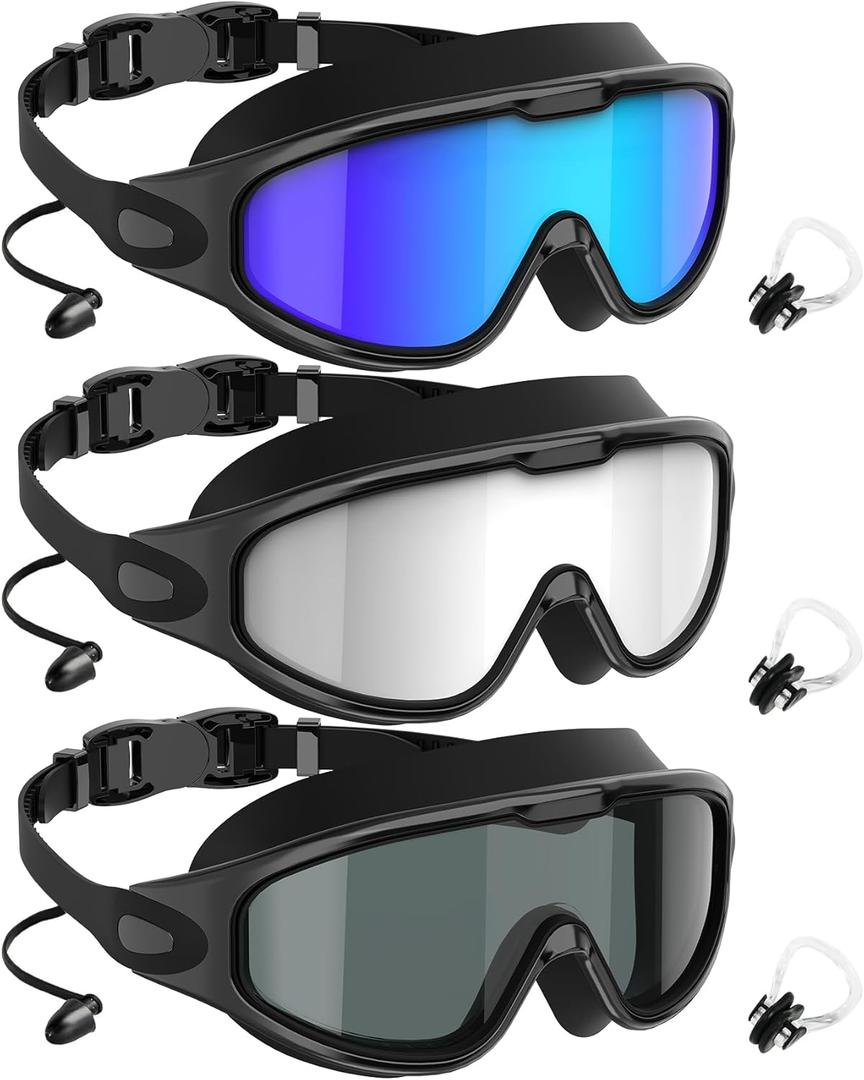 NSSIW Goggles Swimming Adult Swim-Goggles: Wide View with UV400 Protection Anti Fog No Leak for Men and Women 3 Pack (06 Blue & Silver & Gray)