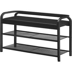 YATINEY Shoe Bench with Backrest, 35.4" Long Entryway Bench, 2-Tier Shoe Rack with PU Padded Seat, Upholstered Shoe Storage Bench with Back, for Hallway, Entryway, Foyer, Bedroom, Black HX14BB, 35.4" x 11.1" x 23.7"