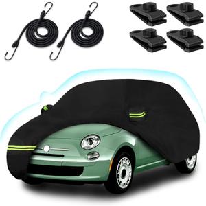 Car Cover for 2007-2026 Fiat 500/500C/500E Abarth/New Fiat 500 (Hatchback/Cabrio/3+1), 210T Waterproof Sun Rain Dust Snow Protection Outdoor Fiat Car Cover with Cotton Lining and Zipper Door-Black