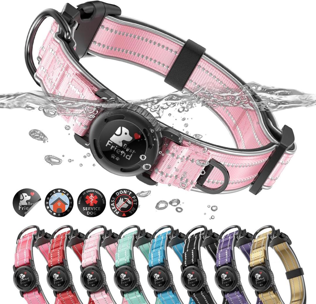 Upgrade Airtag Dog Collar, with IPX8 Waterproof AirTag Holder | Reflective Ultra-Durable | Soft Padded | Lock Buckle | Heavy Duty | Fit Dogs（Pink，XL(19"～27")）