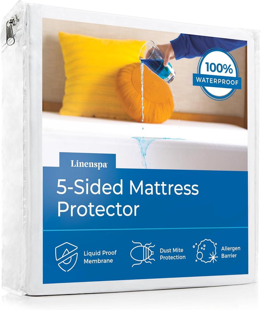 Linenspa 5-Sided Waterproof Mattress Protector Breathable, Fitted Sheet Style, Machine Washable King Size Mattress Protector, White, King
