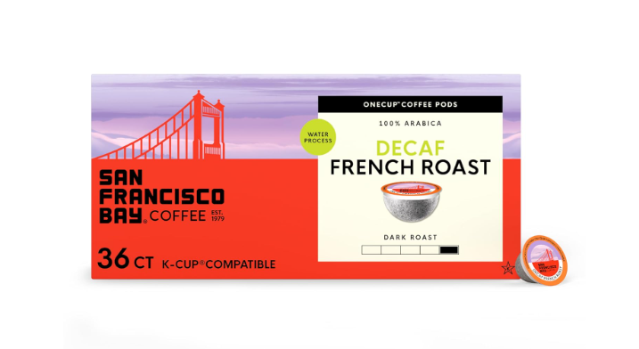 San Francisco Bay Decaf K-Cup Coffee Pods, Decaf French Roast (36 ct), Dark Roast, Commercially Compostable Single-Serve Coffee Pods, Swiss Water Process,  BB: 20 Feb 2027