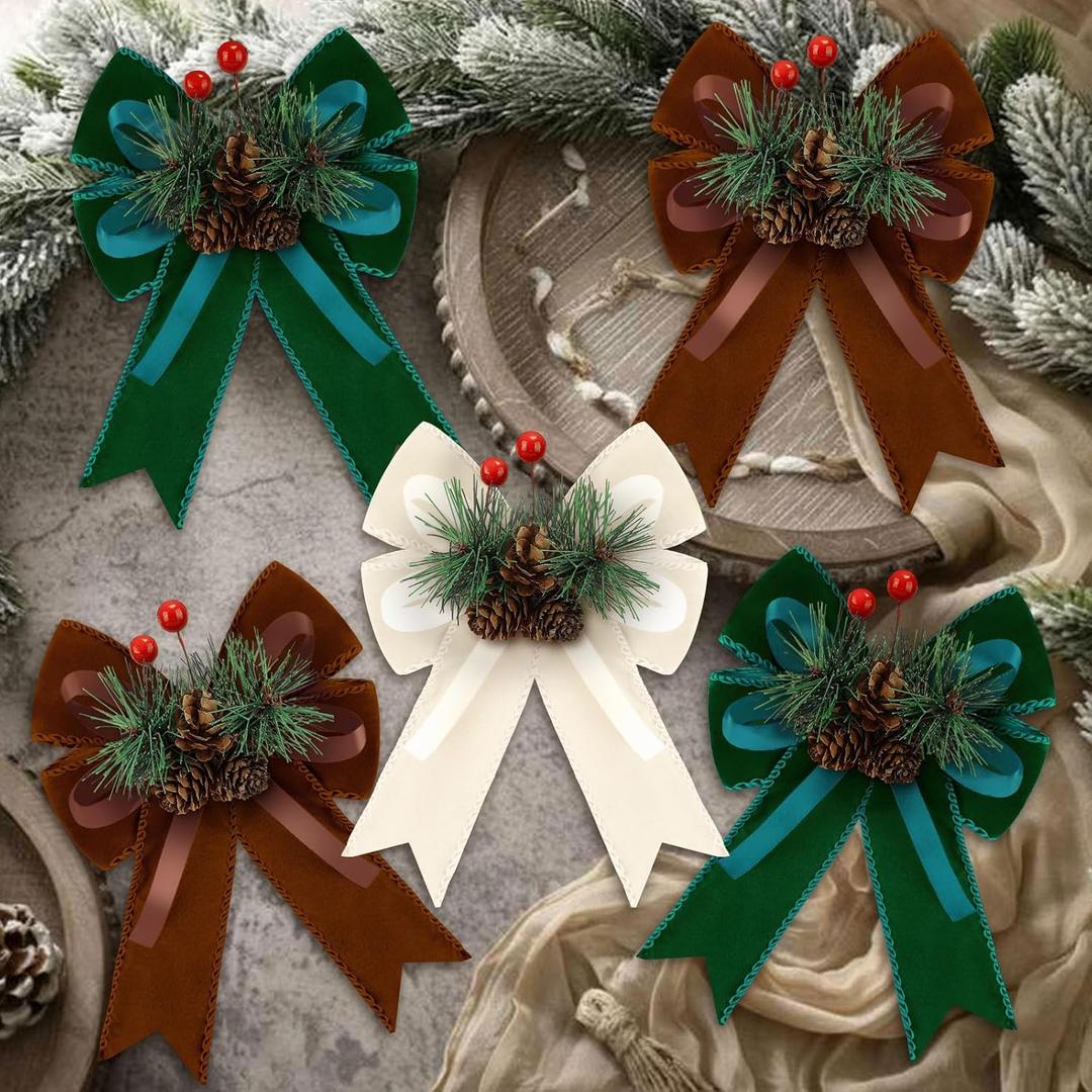 Syhood 6 Pcs Christmas Velvet Bow with Pine Cones Pine Needles Berries Xmas Multicolor Ribbon Bow Ornaments 6.3 x 5.1 Inch for Christmas Tree Wreath Garden Fireplace Crafts DIY Decor