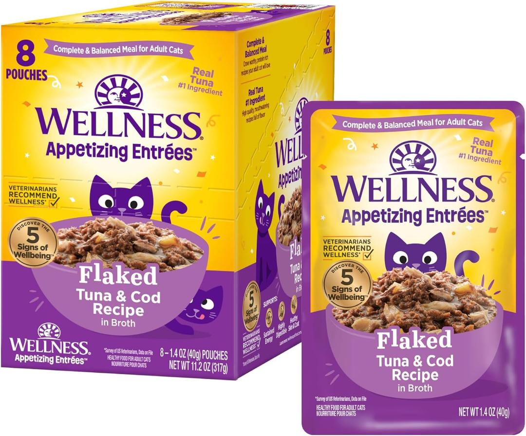 Wellness Appetizing Entrées Flaked Adult Wet Cat Food, Natural, Protein Rich, Grain Free, Tuna and Cod Recipe, 1.4 oz, Pack of 8 Pouches, BB: 22 Mar 2027