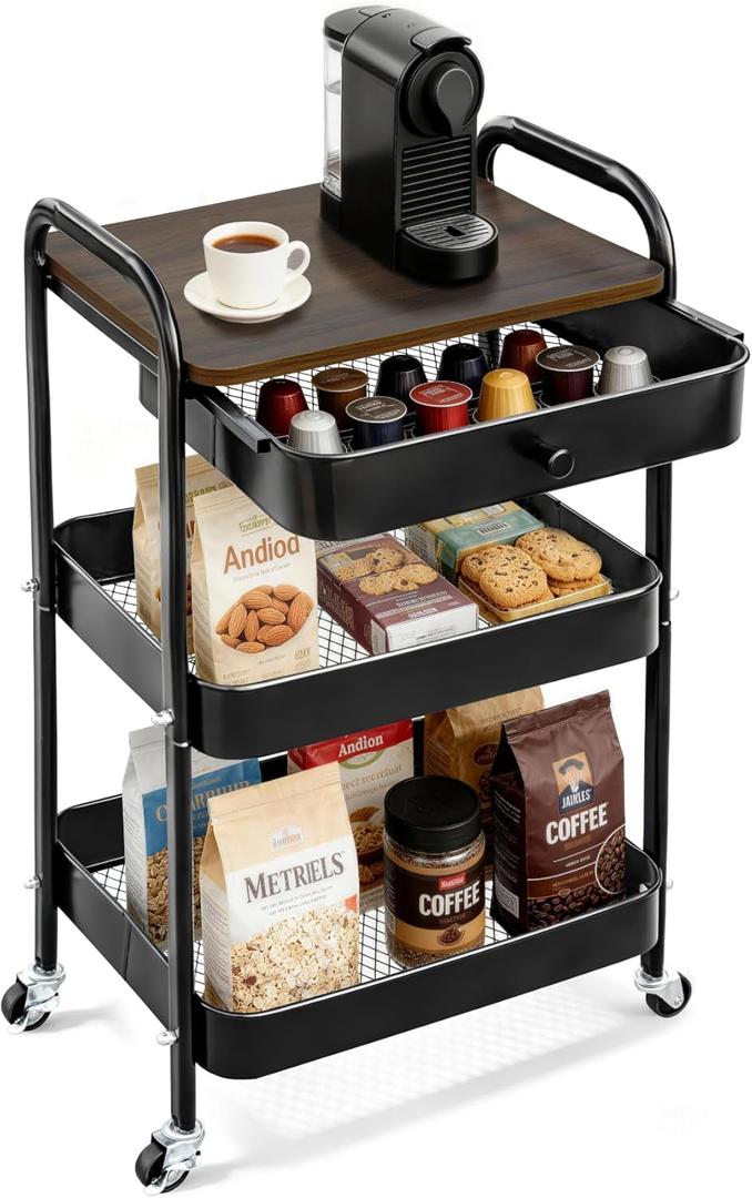 3-Tier Rolling Storage Cart with Wooden Top and Drawer, Metal Mesh Mobile Utility Cart with Handle and Lockable Wheels, Multipurpose Organizer Trolley for Kitchen, Living Room, Bathroom,Office (Brown)