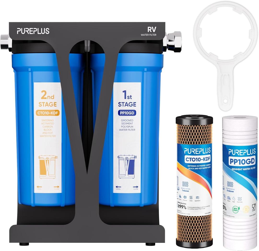 PUREPLUS RV Dual Stage Water Filter System with Grooved Sediment and KDF/Carbon Cartridges, Stainless Steel 3/4" Fittings, Reduces Sediment, Heavy Metals, Chlorine, Odors and More