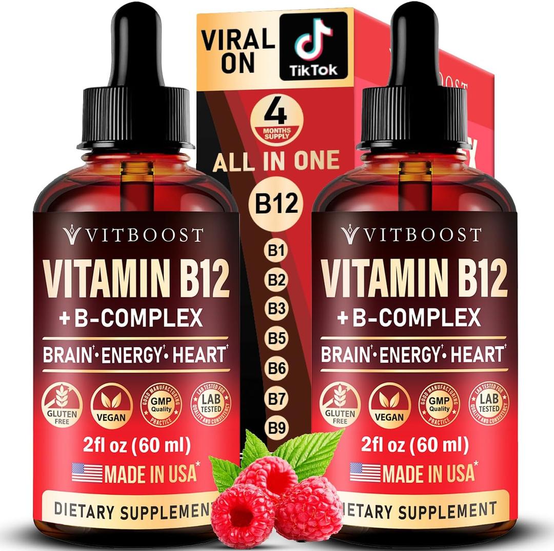 2 Pack Vitamin B Complex 20000 mcg - Vitamin B12 Sublingual Methylcobalamin Extra Strength Raspberry Liquid Drops for Women and Men - USA Made, B1, B2, B3, B5,B6, Biotin, Folic Acid | 4fl oz (120ml)